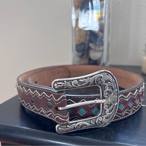 Brown Western Tooled Leather Belt with Turquoise Accents
